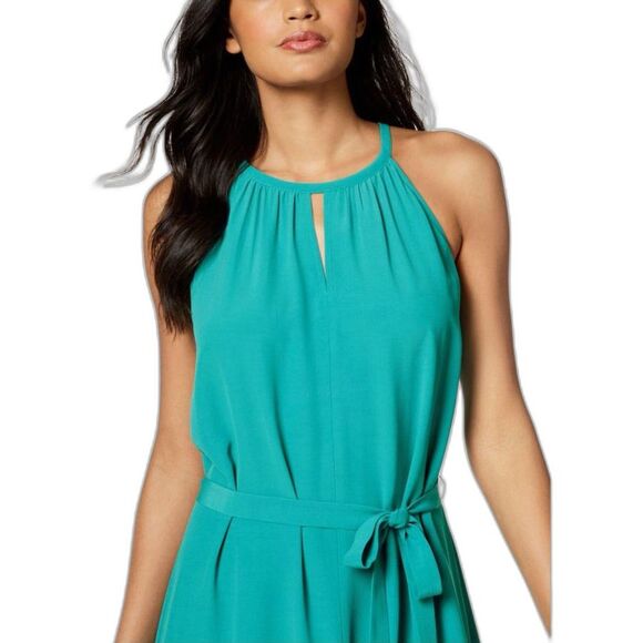Eileen Fisher Jade Green-Blue Keyhole Halter-Style Belted Midi Dress Size XXS - Picture 3 of 12